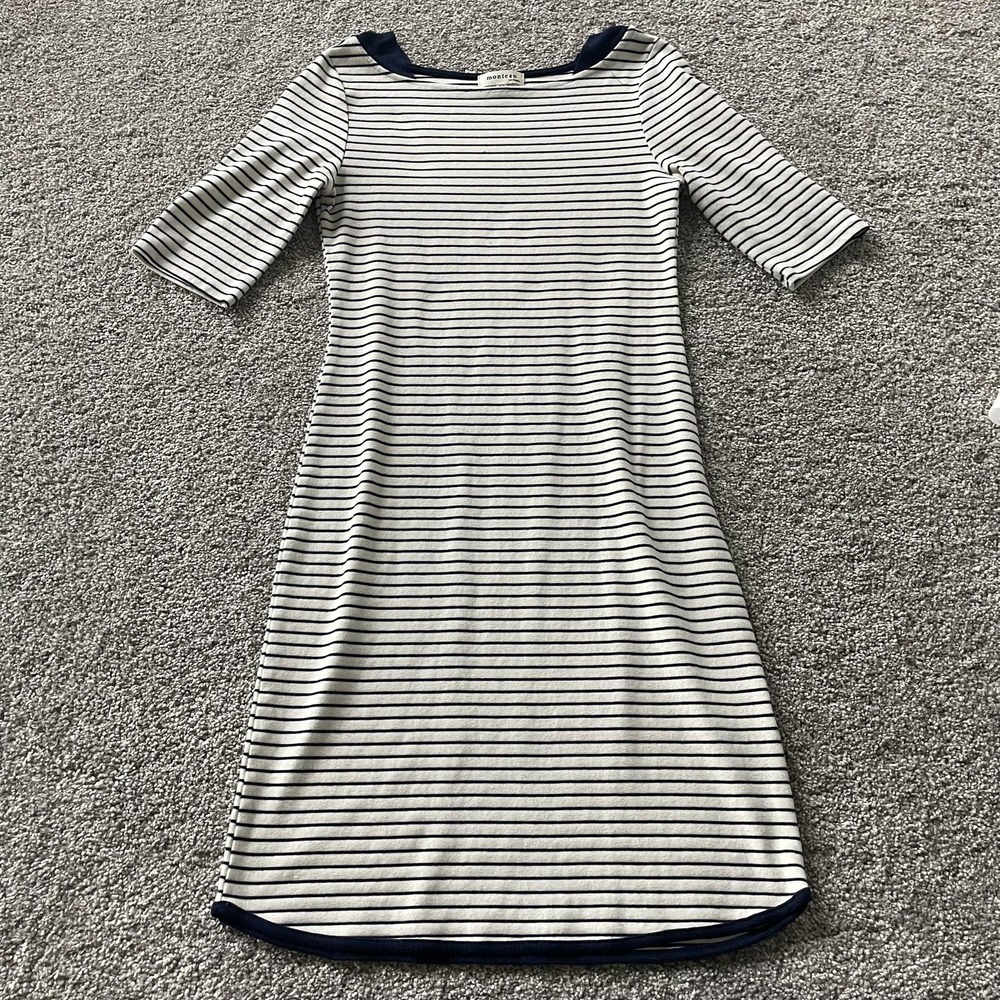 Monteau Dress Womens L White Navy Striped Half Sleeve Boat Neck Knee Length